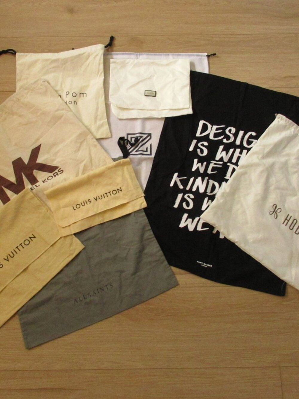 Designer Dust Bag Lot – 9 Mixed Brands – LV, Gucci, MK, AllSaints, Kurt Geiger